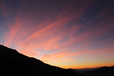 Scenic view of silhouette mountains against sky during sunset