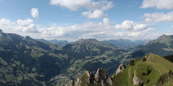 Panoramic view of landscape and mountains against sky