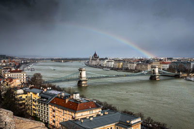 View of rainbow over city