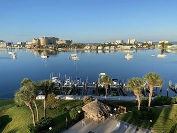 High angle view of buildings by river against clear sky