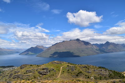 Scenic view of sea and mountains against sky