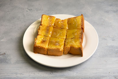 High angle view of breakfast in plate on table