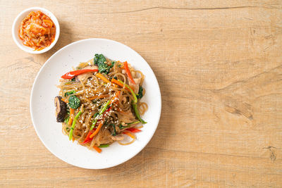 High angle view of food in plate on table