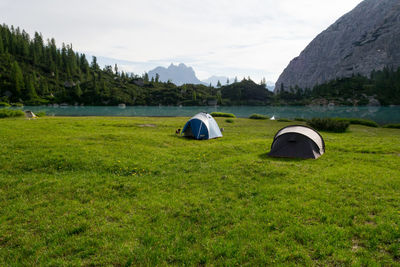 Good spot to pitch a tent, sorapiss lake in the dolomites