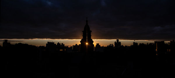 Silhouette of buildings against cloudy sky