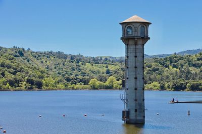 Scenic view of lake against clear blue sky