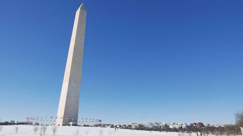 Low angle view of the washington monument under snow against clear blue sky