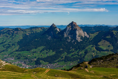 Panoramic view from fronalpstock of the swiss mountains on lake lucerne.