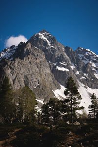 Scenic view of snowcapped mountains against clear blue sky