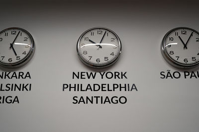 Close-up of clock mounted on wall
