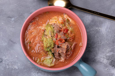 High angle view of soup in bowl