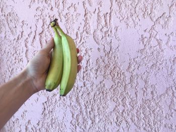 Cropped hand holding bananas by wall