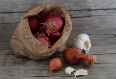 High angle view of vegetables on table