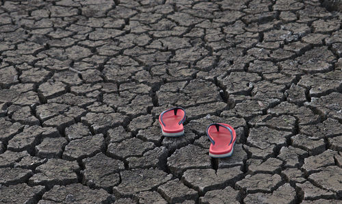 Red sandals lay on the cracked ground.