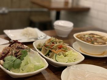 High angle view of food served on table