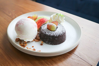 High angle view of ice cream in plate on table