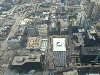 High angle view of modern buildings in city