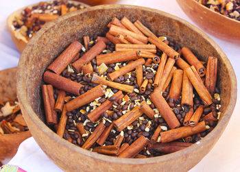 High angle view of noodles in bowl on table