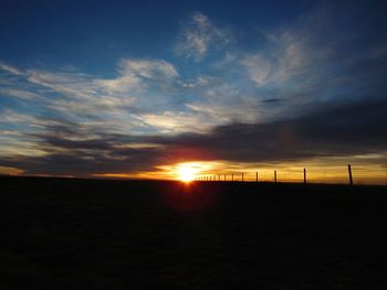 Scenic view of silhouette field against sky at sunset