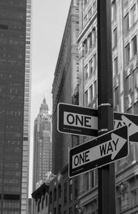 Road sign by buildings in city