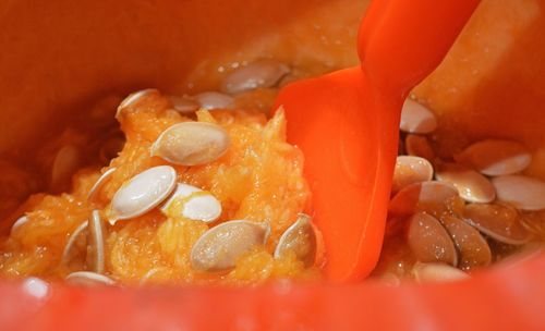 Close-up of pumpkin pulp and seeds