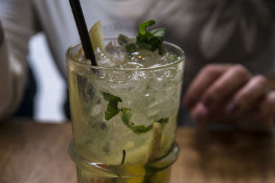 Close-up of beer in glass on table