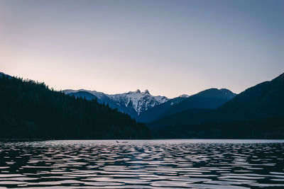 Scenic view of lake and mountains against clear sky during winter