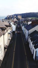 High angle view of road amidst buildings in city