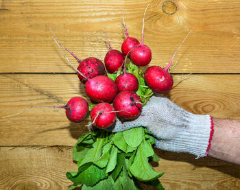 High angle view of hand holding strawberries