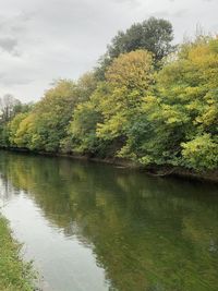 Scenic view of lake by trees against sky