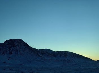 Scenic view of snowcapped mountains against clear blue sky