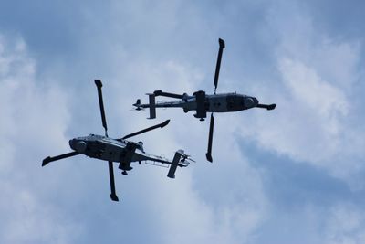 Military helicopter back to back during operation 