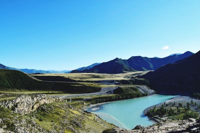 Scenic view of river and mountains against sky