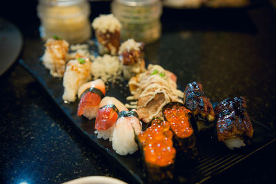 Close-up of sushi served in plate