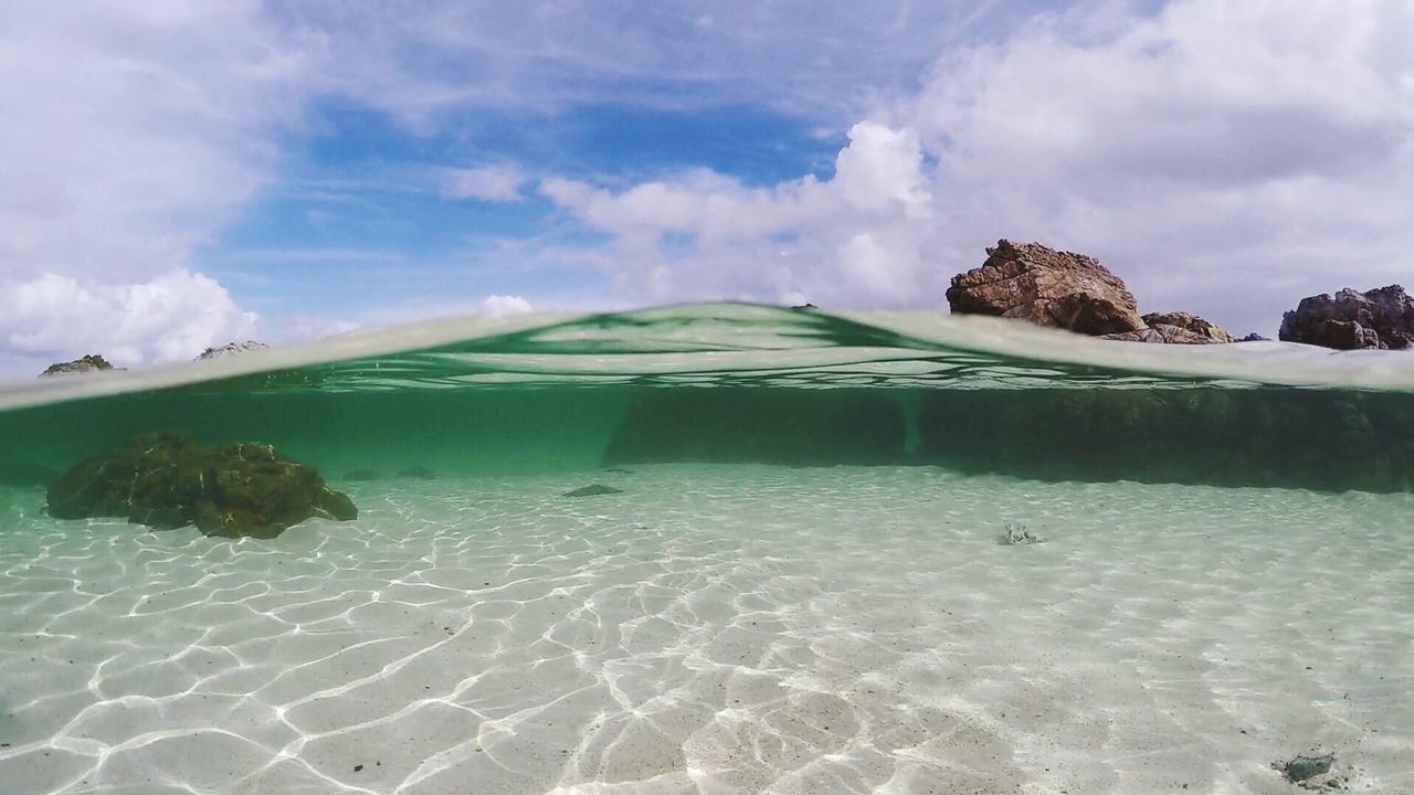 cloud - sky, water, sky, tranquility, tranquil scene, beauty in nature, sea, scenics - nature, nature, day, no people, idyllic, waterfront, non-urban scene, reflection, land, outdoors, transparent, underwater, turquoise colored, lagoon