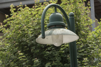 Low angle view of electric lamp hanging in yard