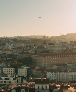 High angle view of townscape against sky during sunset