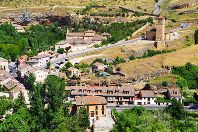 High angle view of buildings in town