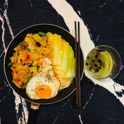 High angle view of breakfast on table