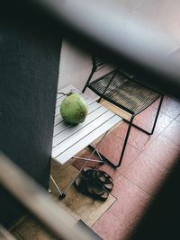 High angle view of a green coconut on a table