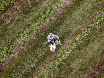 High angle view of woman walking on field