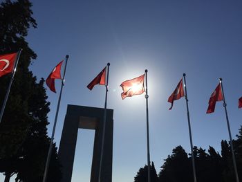 Low angle view of flags against clear sky