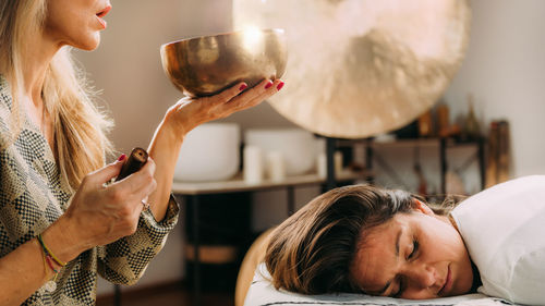 Tibetan singing bowl in sound healing therapy