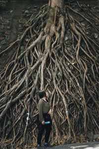 Rear view of man standing in forest