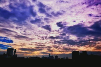 Low angle view of silhouette cityscape against sky during sunset