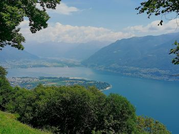 Scenic view of sea and mountains against sky