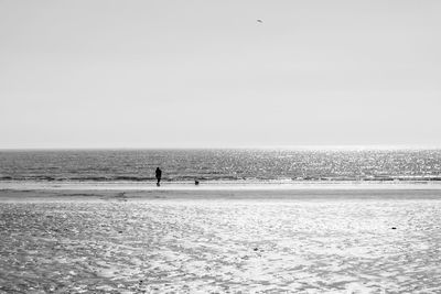 Silhouette man on beach against clear sky