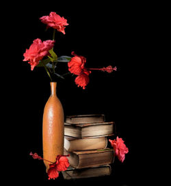 Close-up of red roses in vase against black background