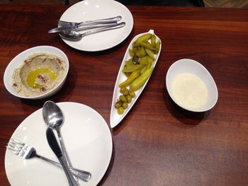 High angle view of breakfast on table