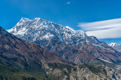 Scenic view of mountains against blue sky